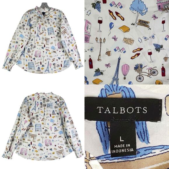 Talbots Blouse Paris France Popover Long Sleeve Top Women's Size Large L - Picture 1 of 9
